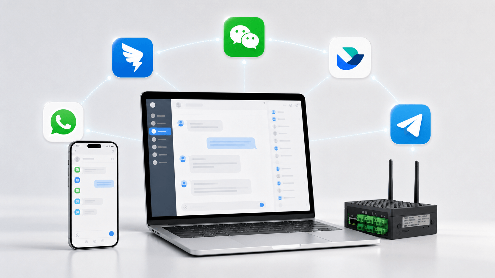 网关 Chat 通道连接微信、钉钉、飞书、Telegram 和 WhatsApp 等社交应用入口